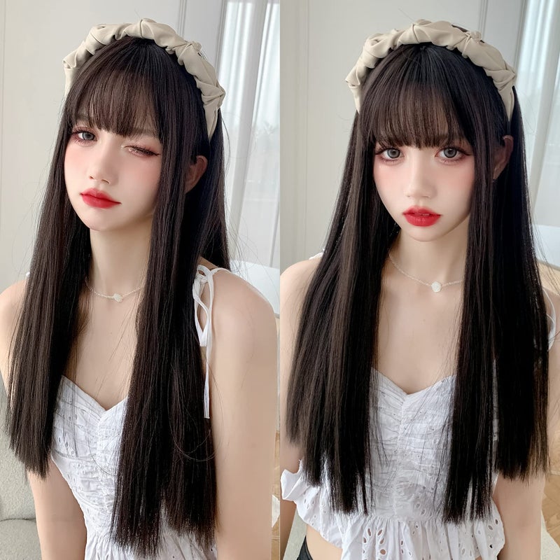7JHH WIGS Long Straight Wig With Bangs Hair Dye Black Wig for Women Synthetic Natural Black Hair Party And Cosplay Premium Soft Wig(23 inch Black) - Image 4